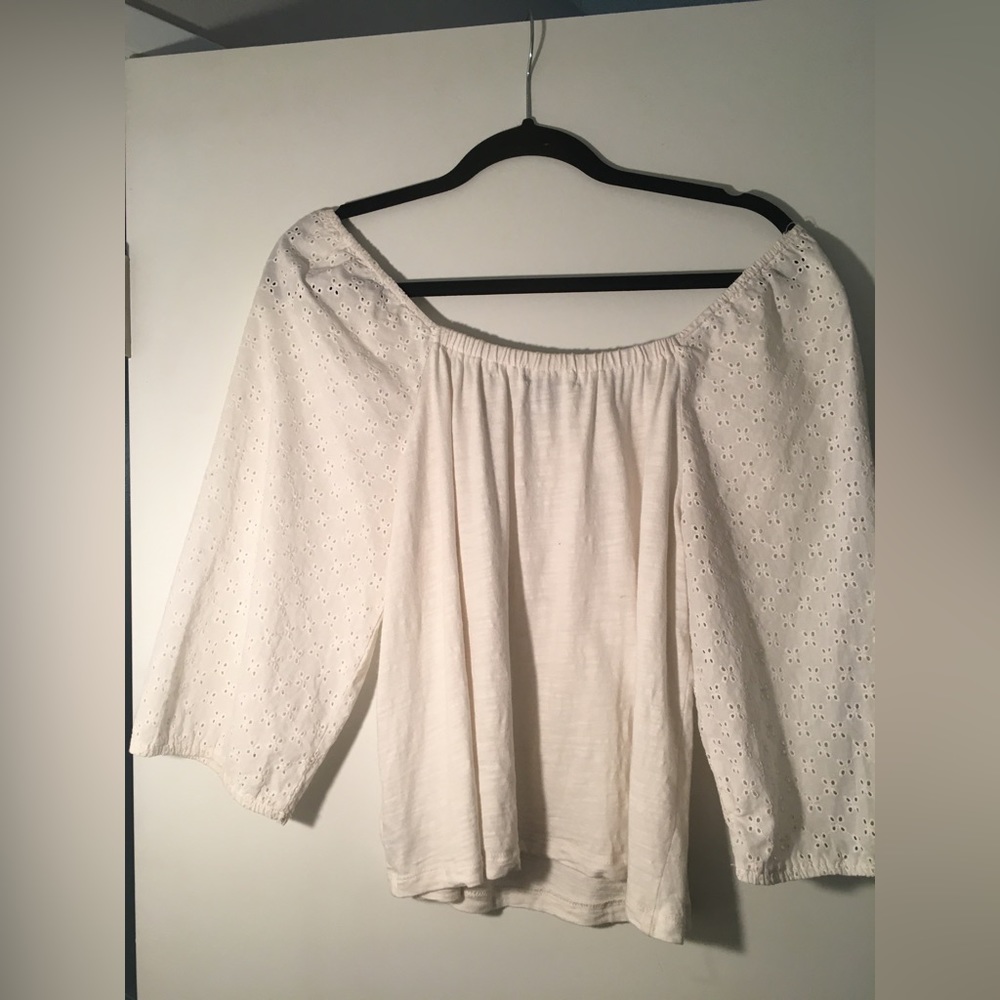 White Cotton Blouse with Flowery Eyelet Sleeves